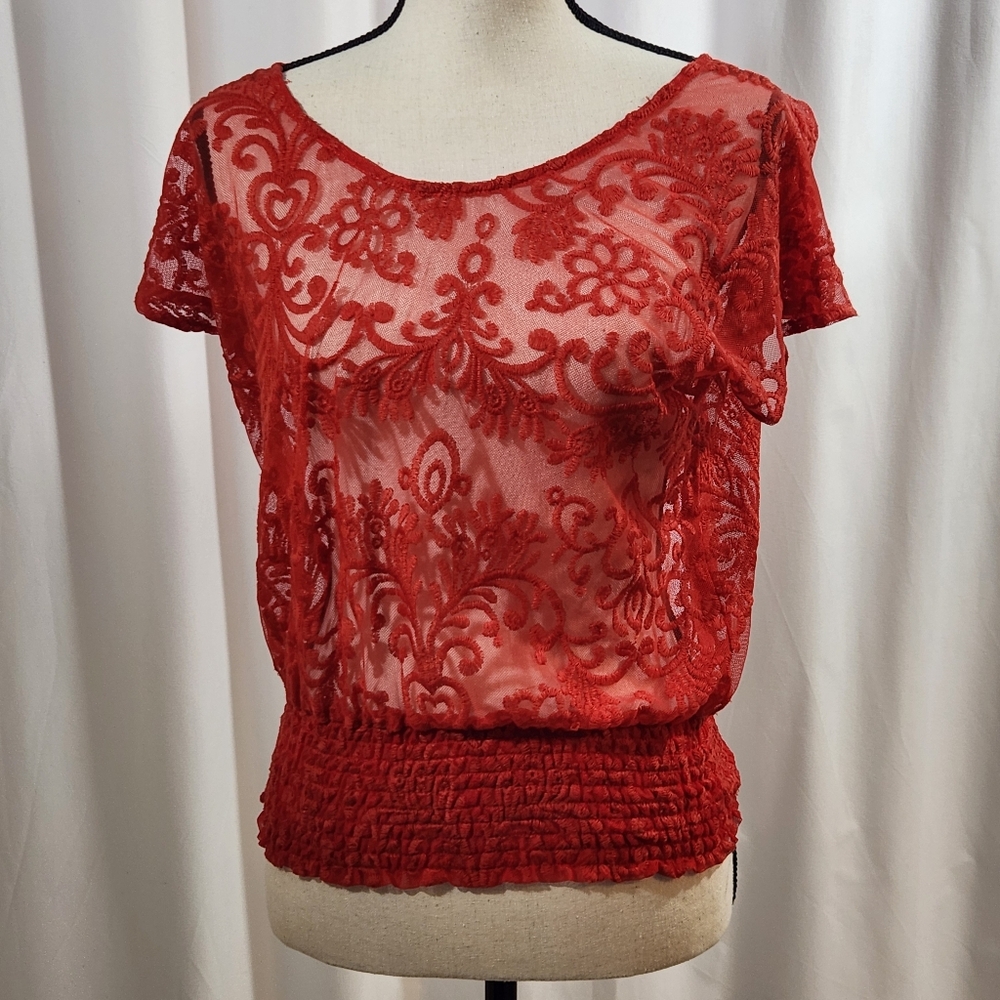Red Lace Sheer Ariat Blouse Holidays Western